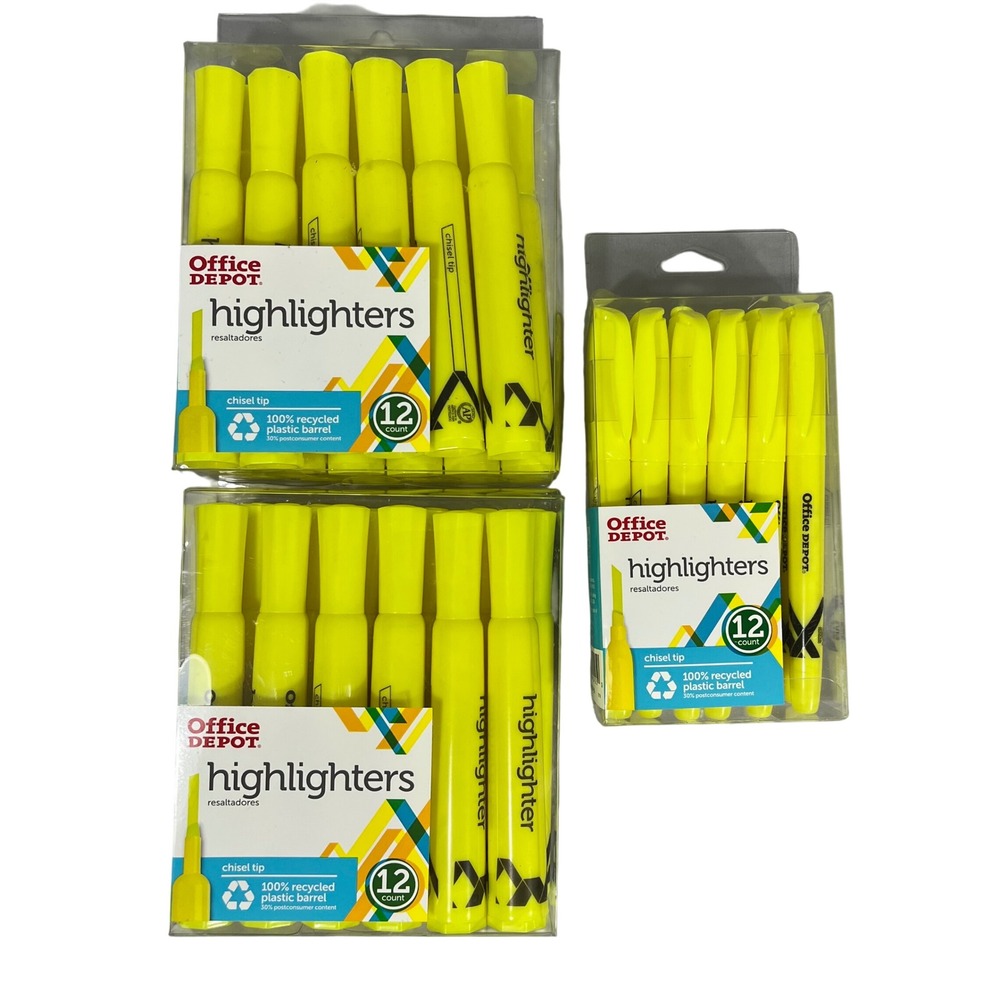 Office Depot Yellow Highlighters Chisel Tip 12 Count 3 Packs Total 36 Markers
